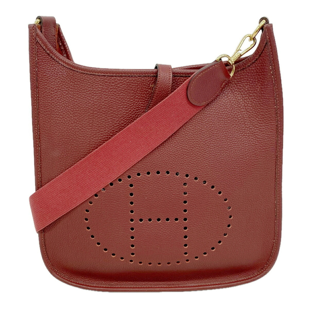 Hermes Evelyne 1 PM Shoulder Bag, Taurillon Clemence Leather, Rouge H, □G Sta...